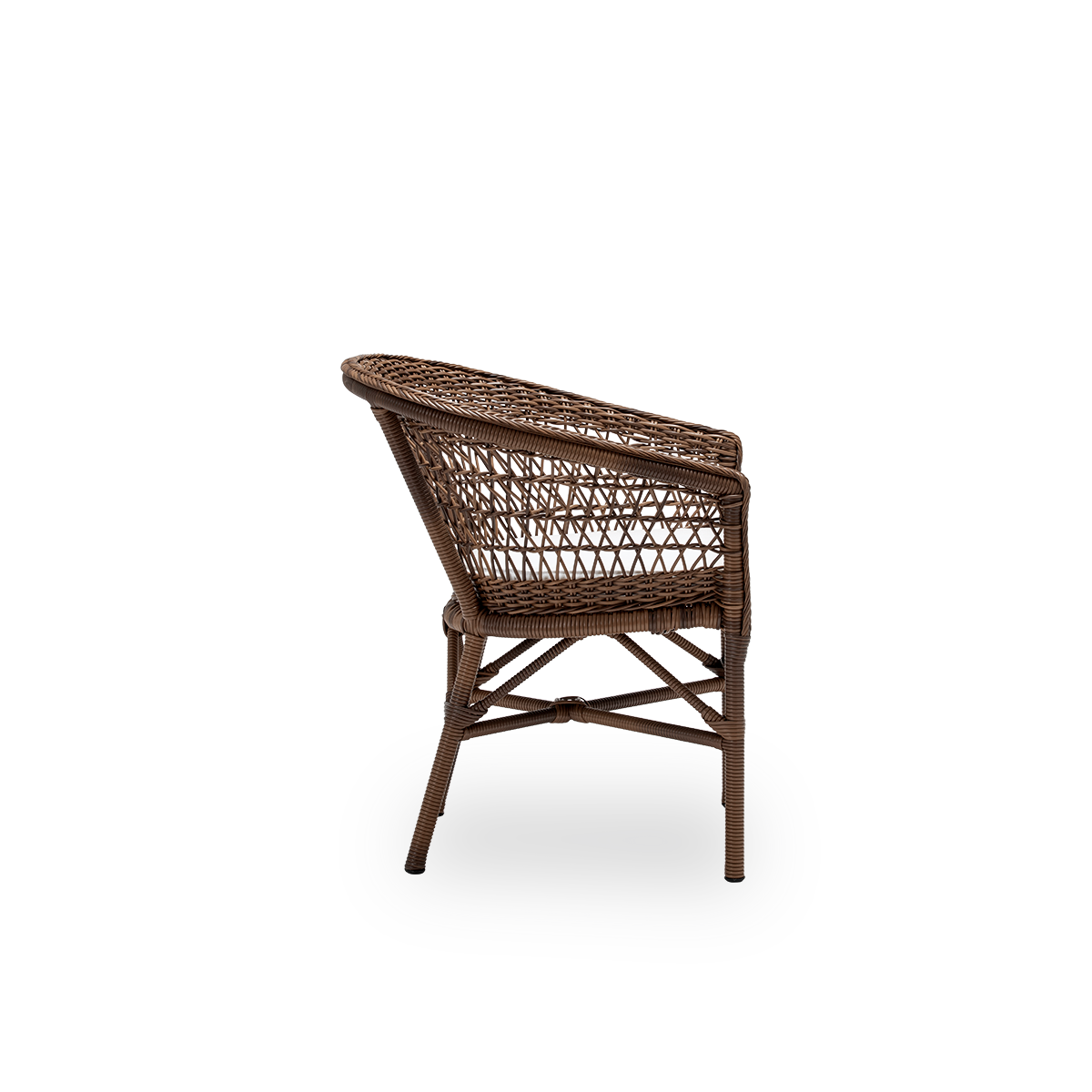 Plain side view of the Emma exterior dining chair with seat cushion, in brown ArtFibre and aluminium. From Sika-Design's Georgia Garden collection, inspired by British colonial style and classic Danish wicker furniture.