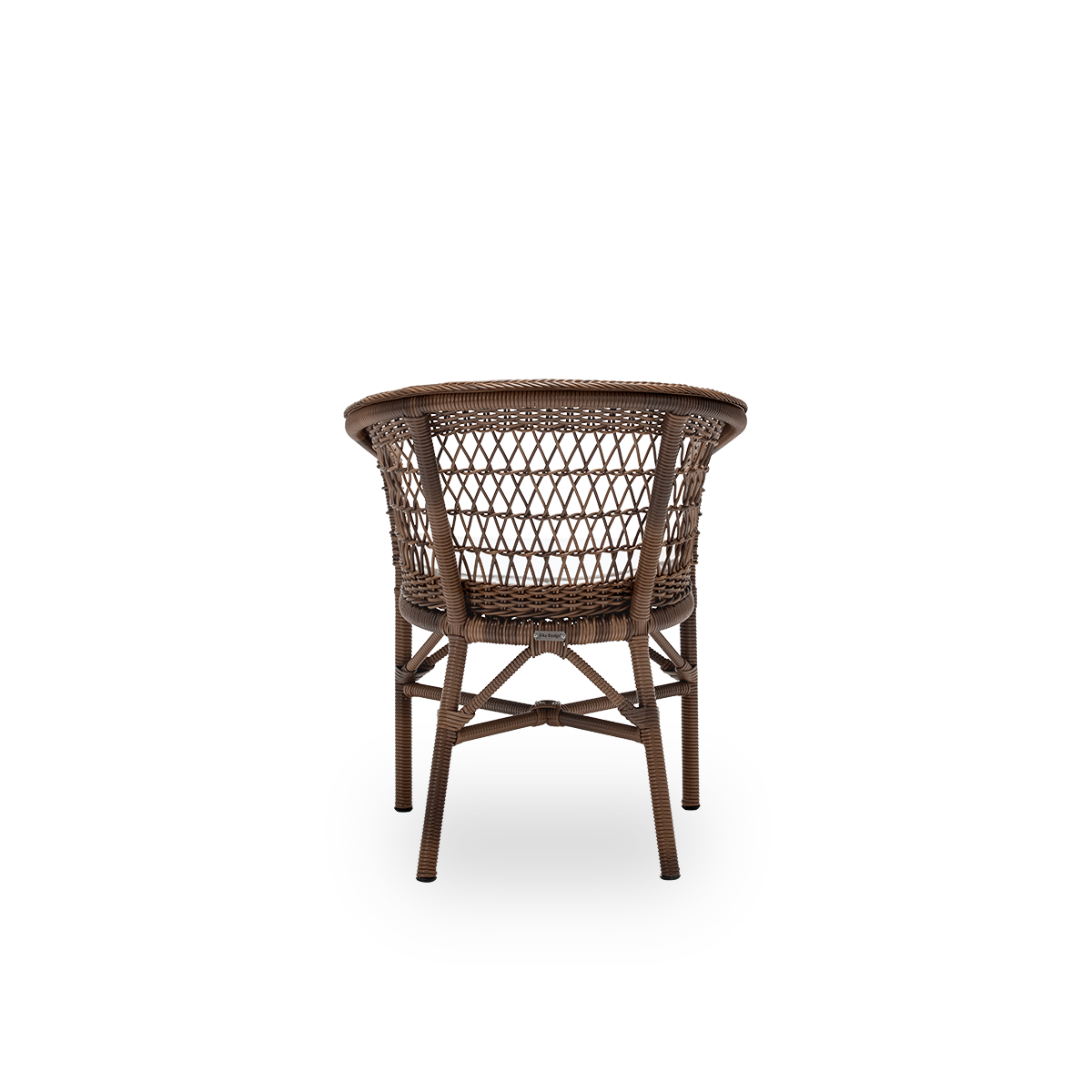 Plain back view of the Emma exterior dining chair with seat cushion, in brown ArtFibre and aluminium. From Sika-Design's Georgia Garden collection, inspired by British colonial style and classic Danish wicker furniture.