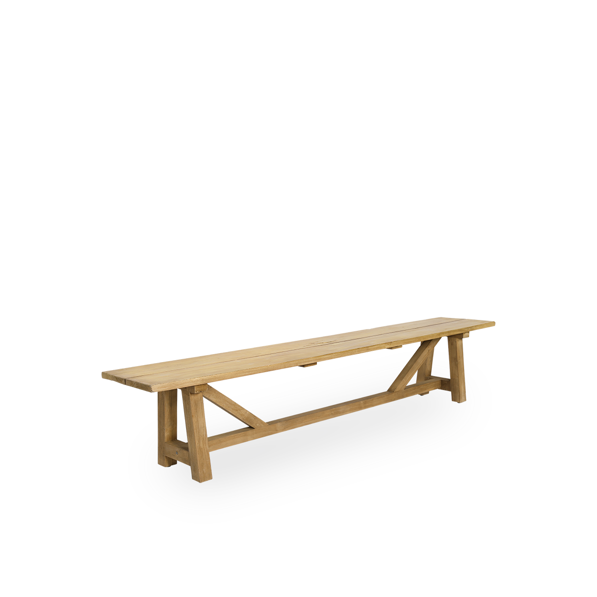 Side view of George outdoor teak bench. The length is 220 cm and fits 4 persons, handcrafted from premium Indonesian teak certified ‘Indonesian Legal Wood’.