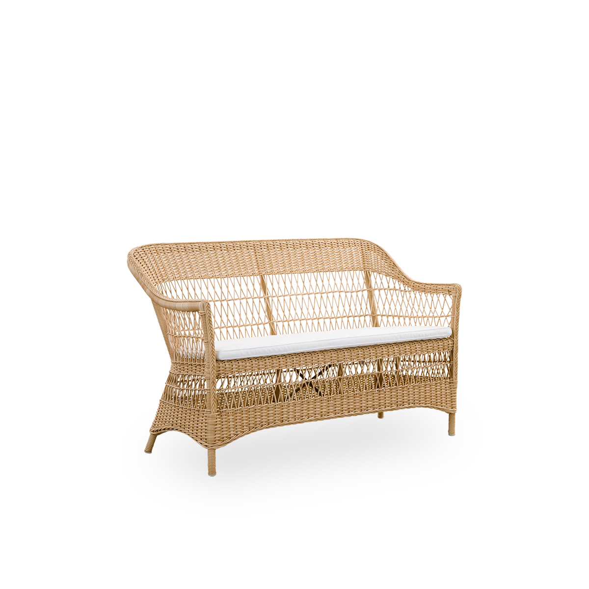 Side view of the Charlot 2-seater Exterior sofa in natural color, an fully woven outdor sofa in British colonial style, handcrafted from ArtFibre on durable aluminum frames.
