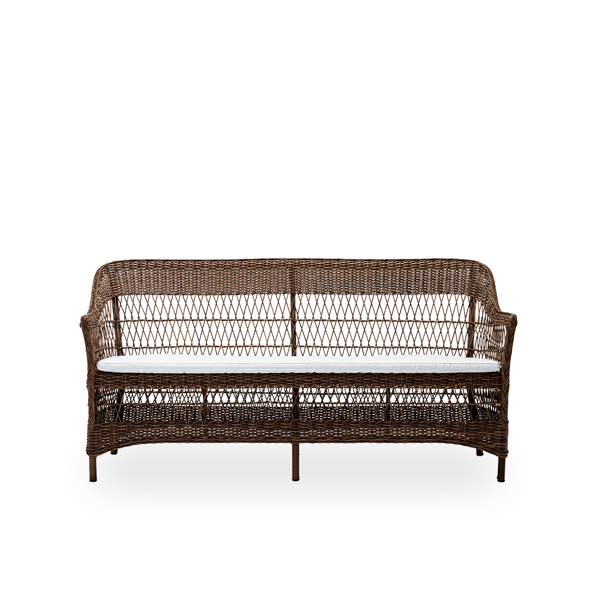 Front view of the Charlot exterior 3-seater sofa with seat cushion, in brown ArtFibre and aluminium. From Sika-Design's Georgia Garden collection, inspired by British colonial style and classic Danish wicker furniture.