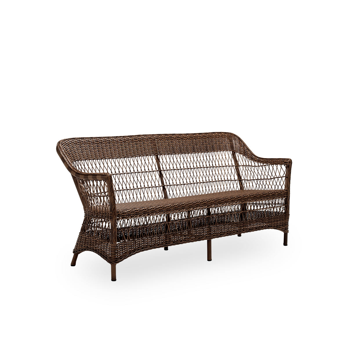 Side view of the Charlot exterior 3-seater sofa, in brown ArtFibre and aluminium. From Sika-Design's Georgia Garden collection, inspired by British colonial style and classic Danish wicker furniture.