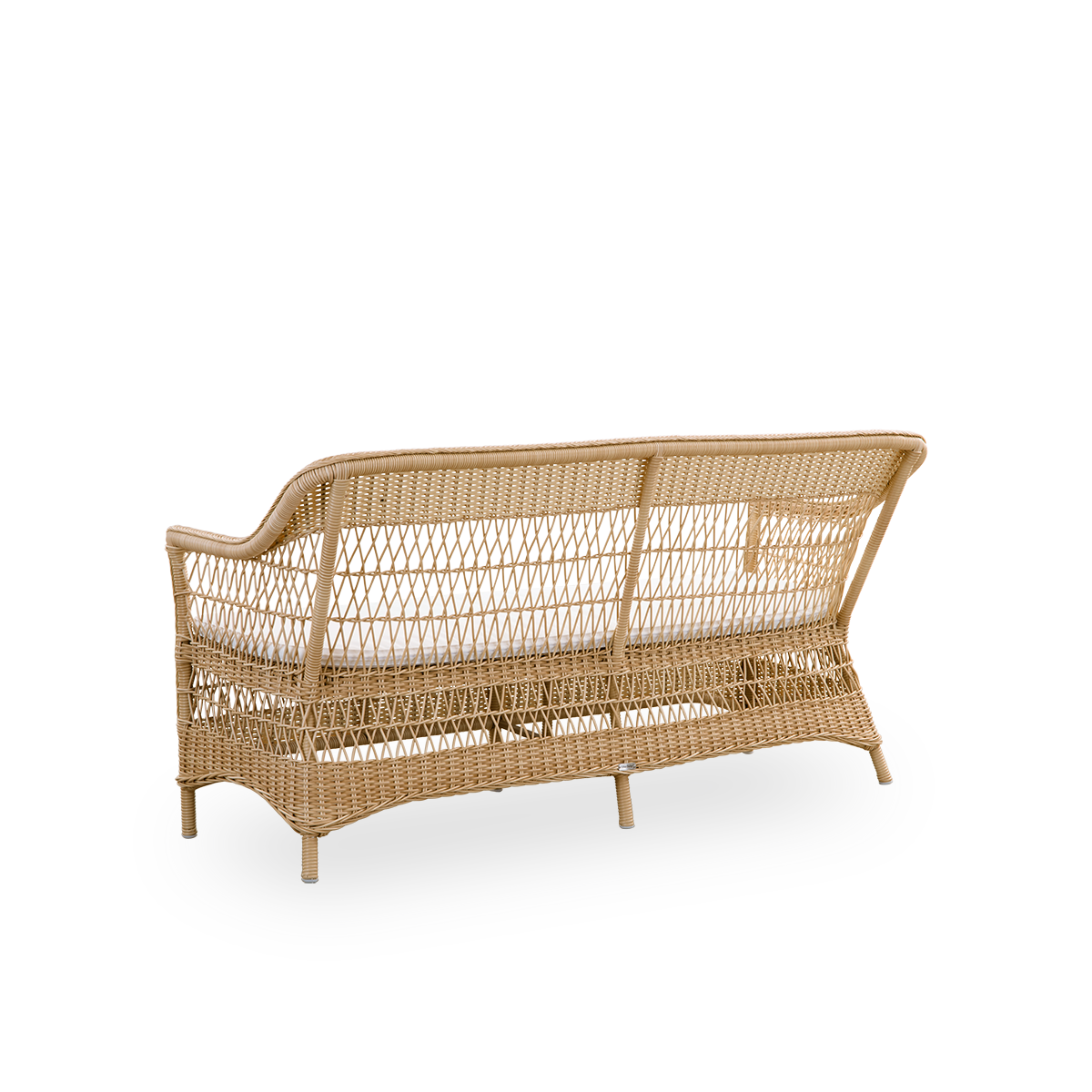 Plain back view of the Charlot 3-seater Exterior sofa in natural color, a fully woven outdoor sofa in British colonial style, handcrafted from ArtFibre on durable aluminum frames.