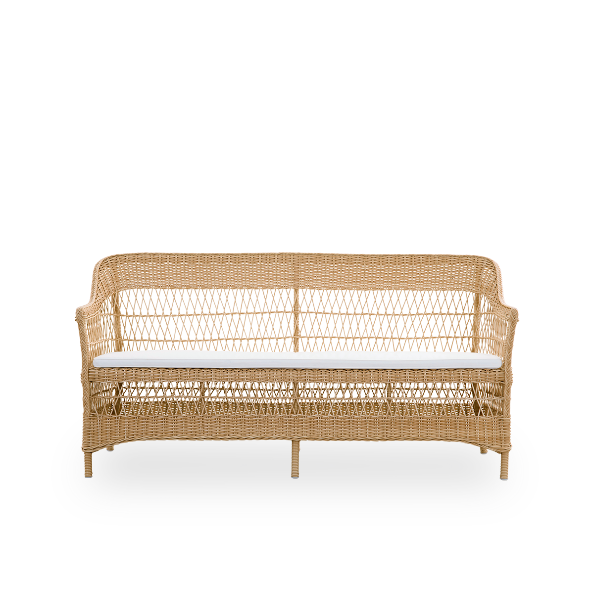 Front view of the Charlot 3-seater Exterior sofa in Natural color, a fully woven outdoor sofa in British colonial style, handcrafted from ArtFibre on durable aluminium frames.