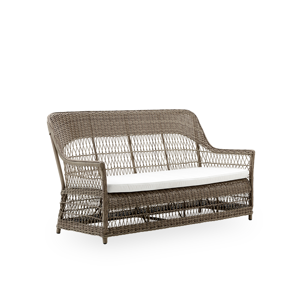 Side view of the Dawn outdoor 3-seater sofa in antique grey color, inspired by British colonial style. Romantic sofa with armrest and a high backrest. Fully woven ArtFibre on hand-bent aluminum frame.