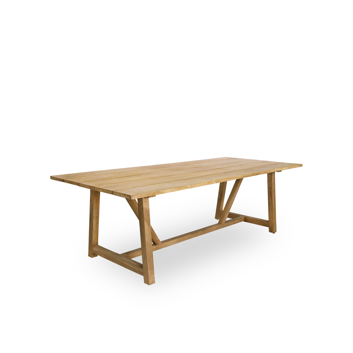 Side view of the George outdoor teak dining table 240x100 cm suitable for 8 persons. The table has a brown chestnut color where the wooden boards are placed with a small space between.