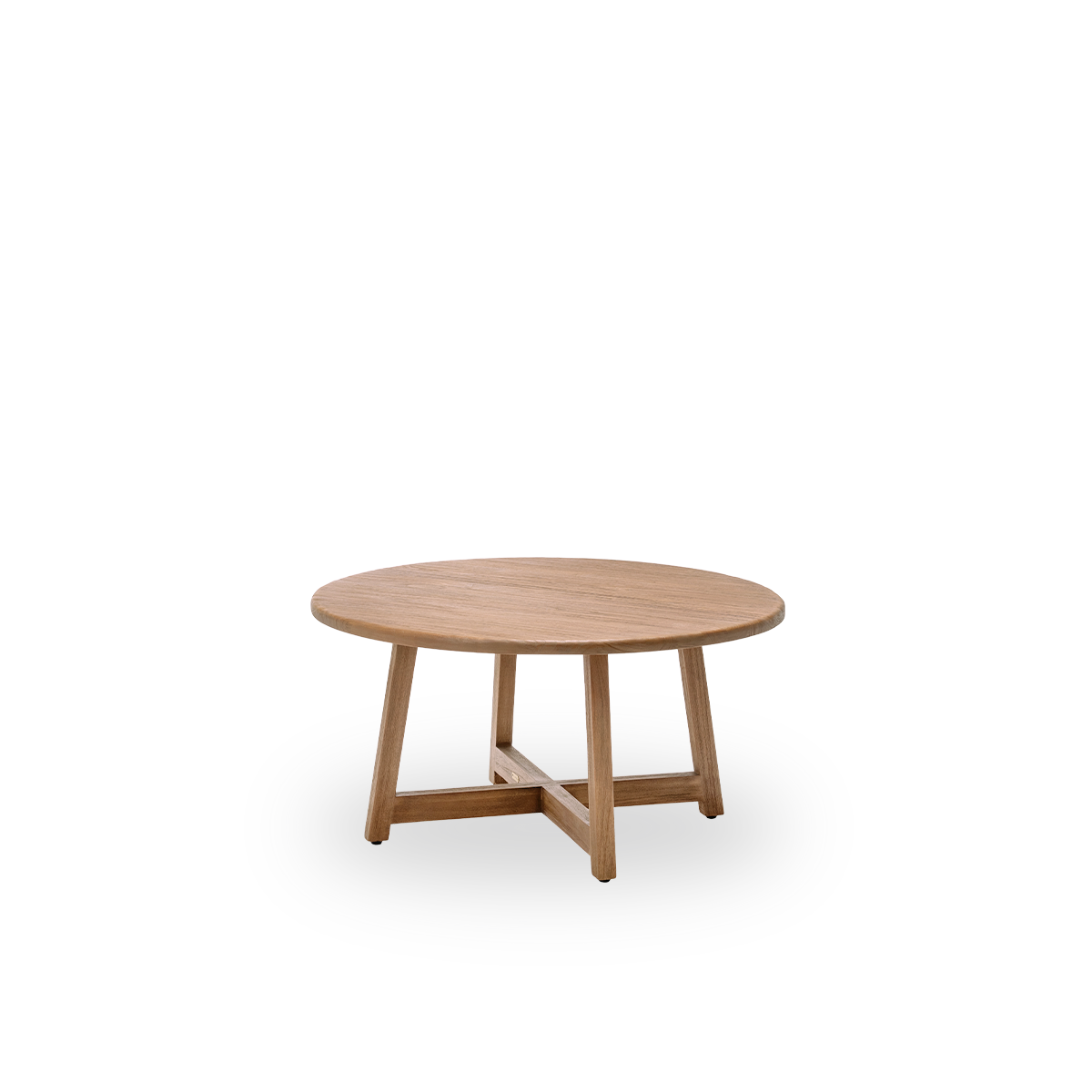 Side view of the Aksel coffee table, Ø100 cm, in teak with a natural, patinated surface. Surface treated to bring out the natural grain of the wood, with a charming rustic look. Made from teak certified as Indonesian Legal Wood.