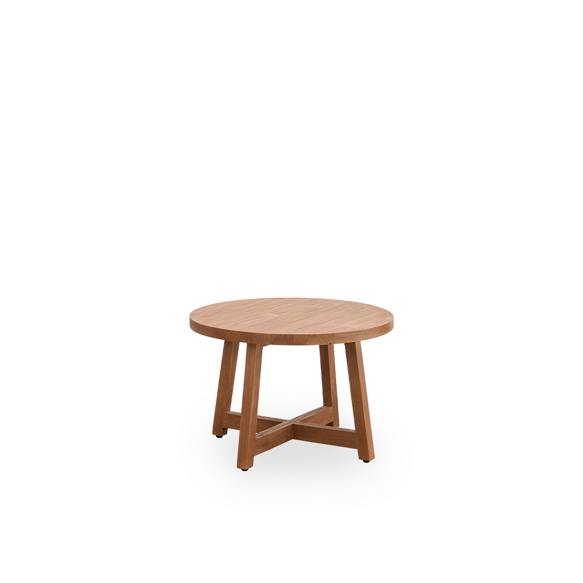 Side view of Round coffee table with a diameter of 75 cm and a height of 51 cm, made of teak with a natural, patinated surface.