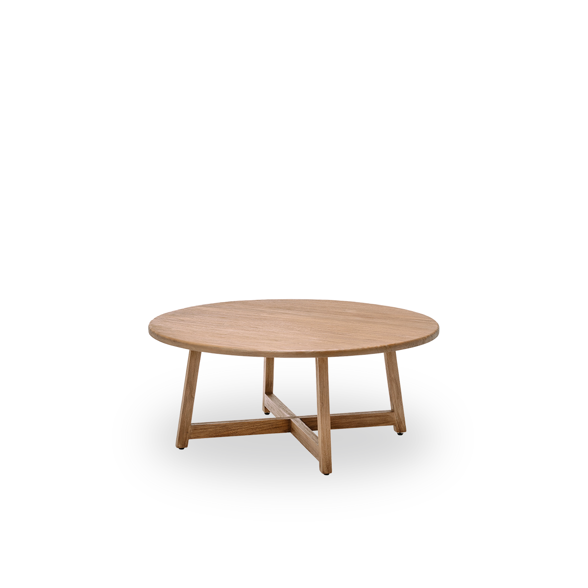 Side view of the Aksel coffee table, Ø120 cm, in teak with a natural, patinated surface. Surface treated to bring out the natural grain of the wood, with a charming rustic look. Made from teak certified as Indonesian Legal Wood.