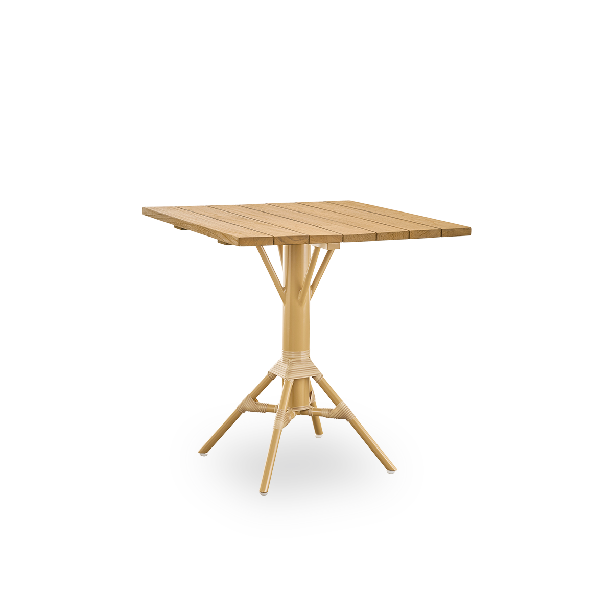 Side view of Nicole outdoor café table, inspired by French café style. Powder-coated aluminum base in Almond color with ArtFibre windings, with round chestnut brown teak top Ø80 cm.