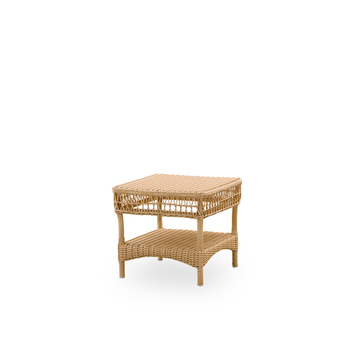 Side view of Susy Exterior outdoor side table in Natural color, inspired by British colonial style. Aluminium frame fully woven with ArtFibre.