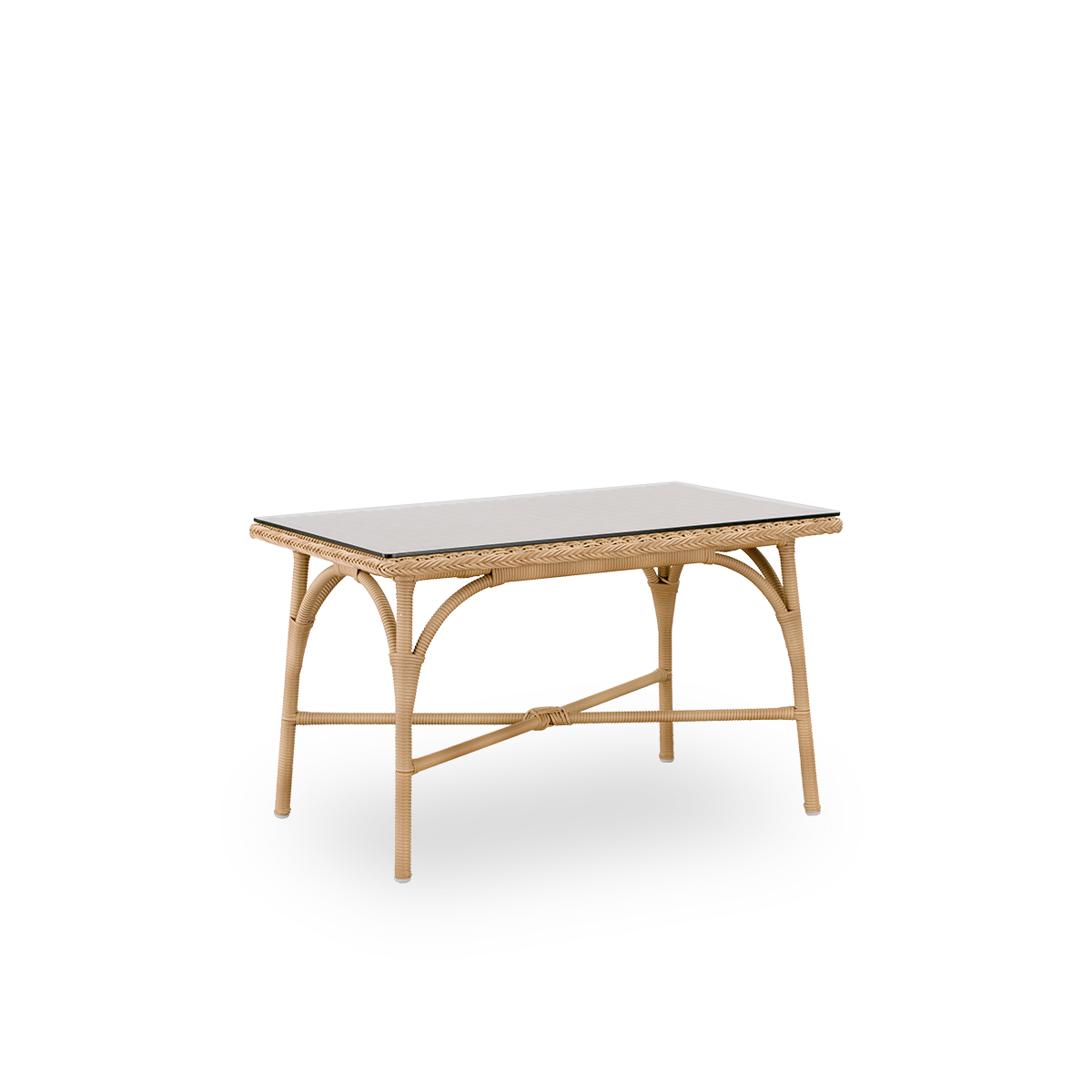 Side view of Victoria outdoor coffee table with glass top, inspired by British colonial style. Aluminium frame fully woven with ArtFibre in Natural color. Size 60x100 cm.