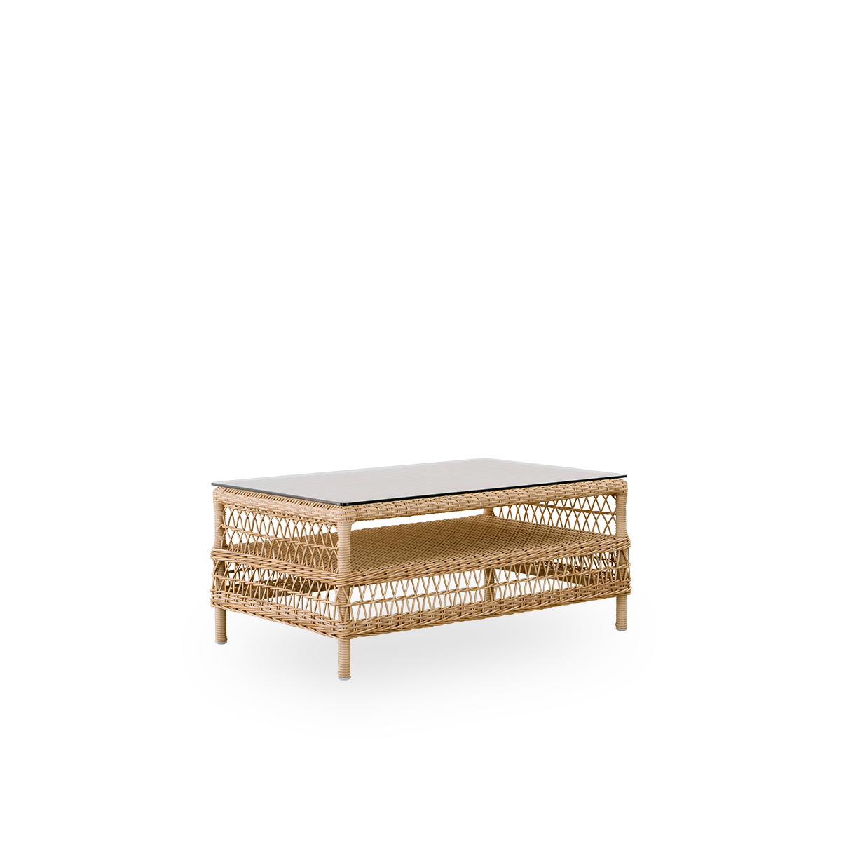 Side view of Hazel outdoor lounge table in natural color, size 100x60 cm and height 44 cm, fully woven ArtFibre on aluminum frame with 8 mm loose glass top.