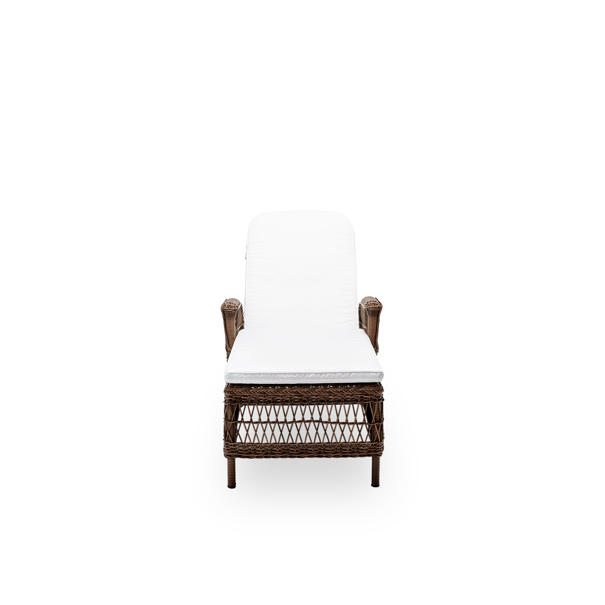 Front view of the Daisy exterior sunbed with seat cushion, in brown ArtFibre and aluminium. From Sika-Design's Georgia Garden collection, inspired by British colonial style and classic Danish wicker furniture.