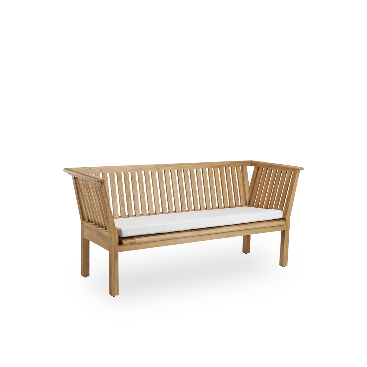 Side view of St Catherine outdoor teak bench designed by Arne Jacobsen, length 180 cm. Solid and durable bench handcrafted in chestnut brown high quality Indonesian teakwood certified ‘Indonesian Legal Wood’