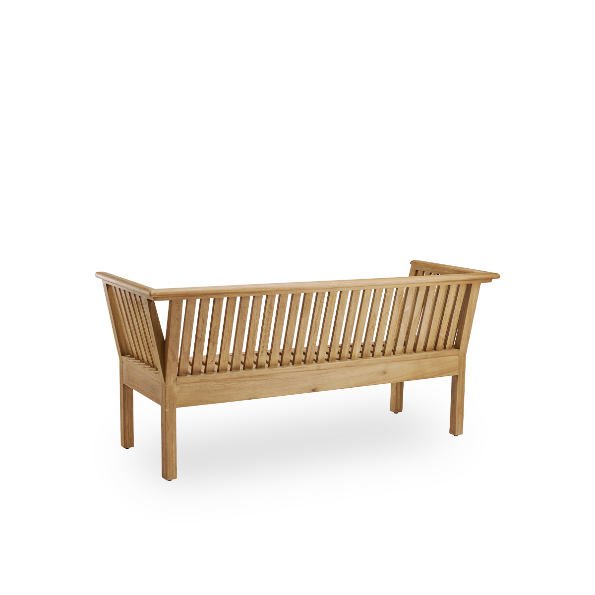 Plain back view of St Catherine outdoor teak bench designed by Arne Jacobsen, length 180 cm. Solid and durable bench handcrafted in chestnut brown high quality Indonesian teakwood certified ‘Indonesian Legal Wood’.