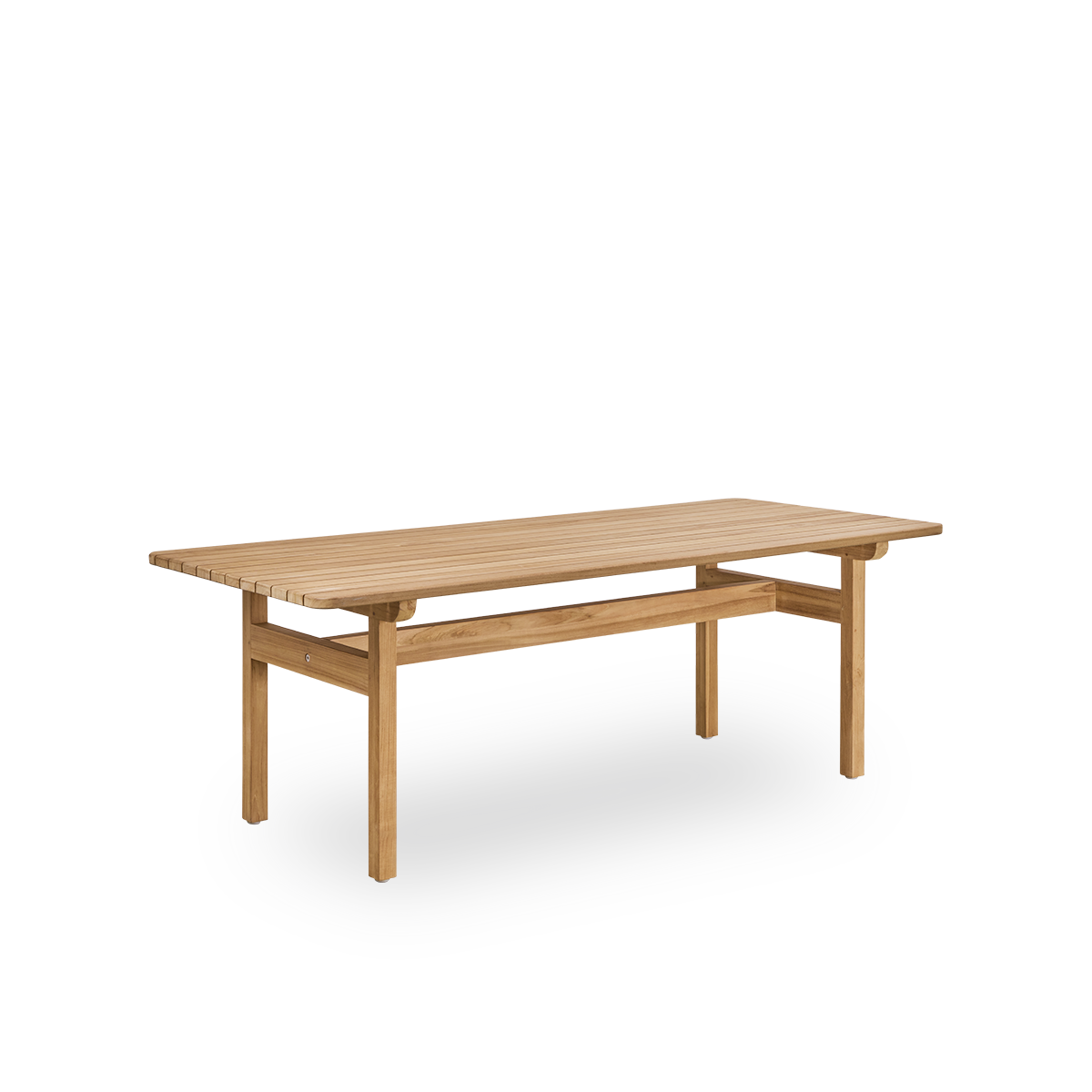 Side view of Tobias outdoor teak table designed by Arne Jacobsen, size 205x91 cm. Handcrafted in high quality certified Indonesian teak wood.