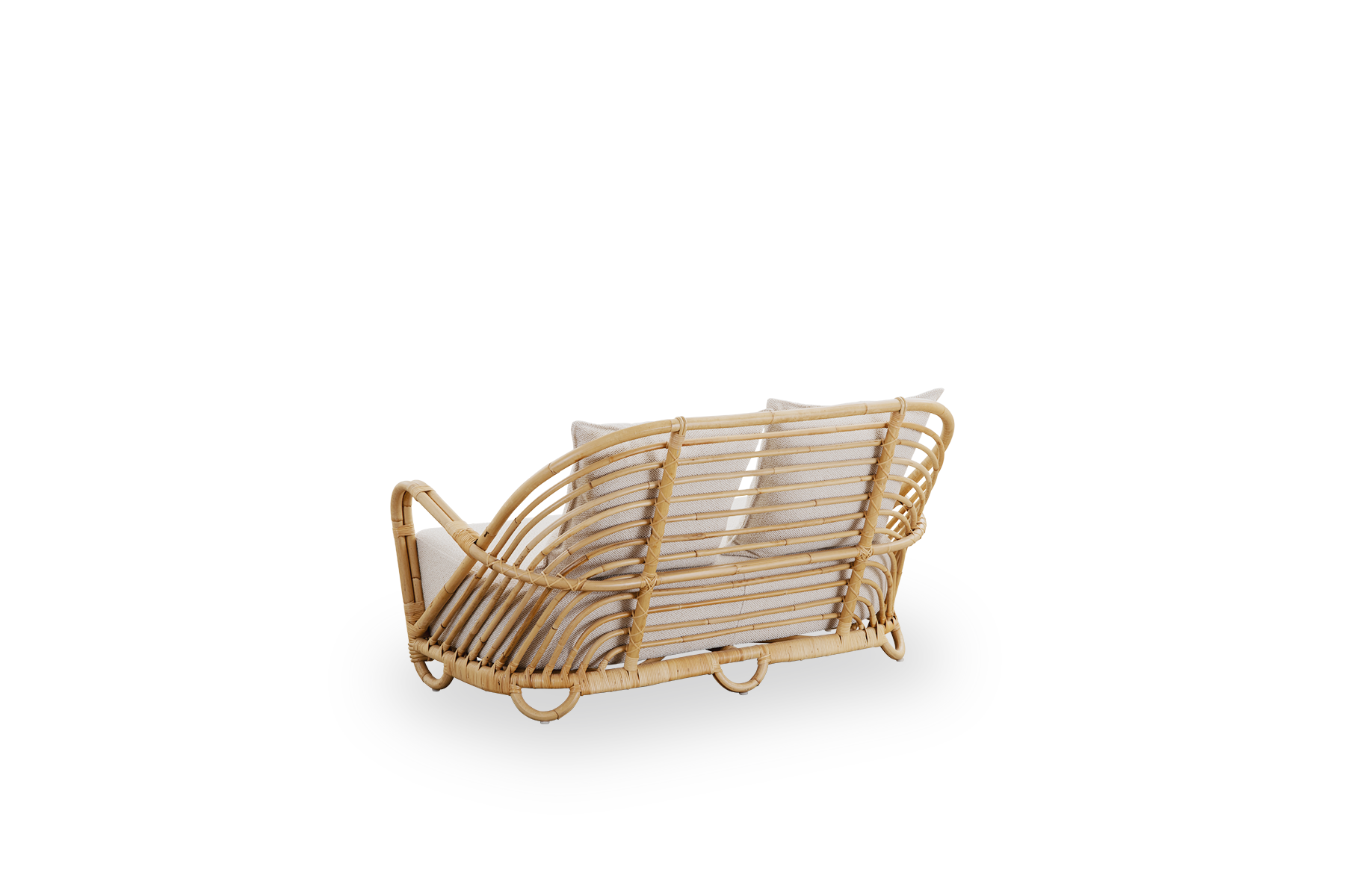 Back side view of the Charlottenborg 2-seater sofa in polished natural rattan, designed by Arne Jacobsen. The sofa features a curved back and armrests integrated into the base, handcrafted from high-quality Indonesian rattan.
