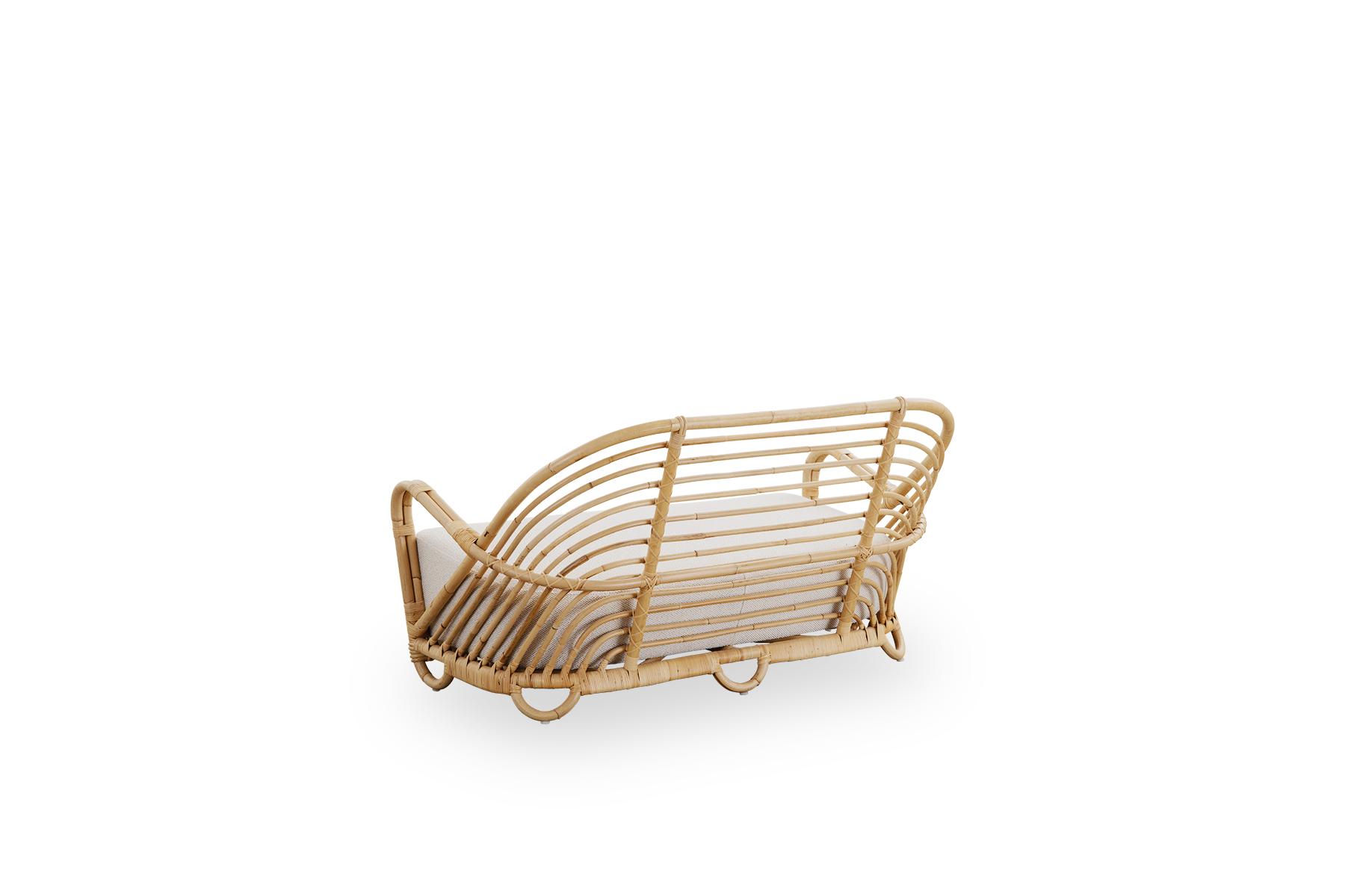 Back side view of the Charlottenborg 2-seater sofa in polished natural rattan, designed by Arne Jacobsen. The sofa features a curved back and armrests integrated into the base, handcrafted from high-quality Indonesian rattan.