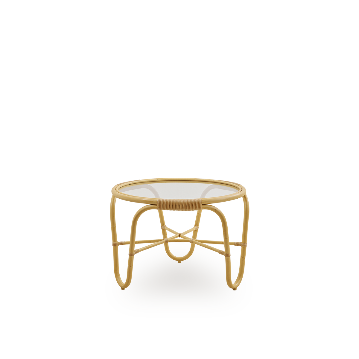 Side view of the The Charlottenborg coffee table in rattan look, designed by Arne Jacobsen, a round coffee table with integrated glass top, handcrafted with an Alu-Rattan frame and woven ArtFibre details.