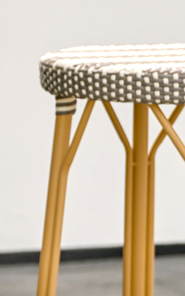 This is a close-up image of Simone Exterior Bar Stool in almond aluminium frame striped cappuccino ivory artfibre.