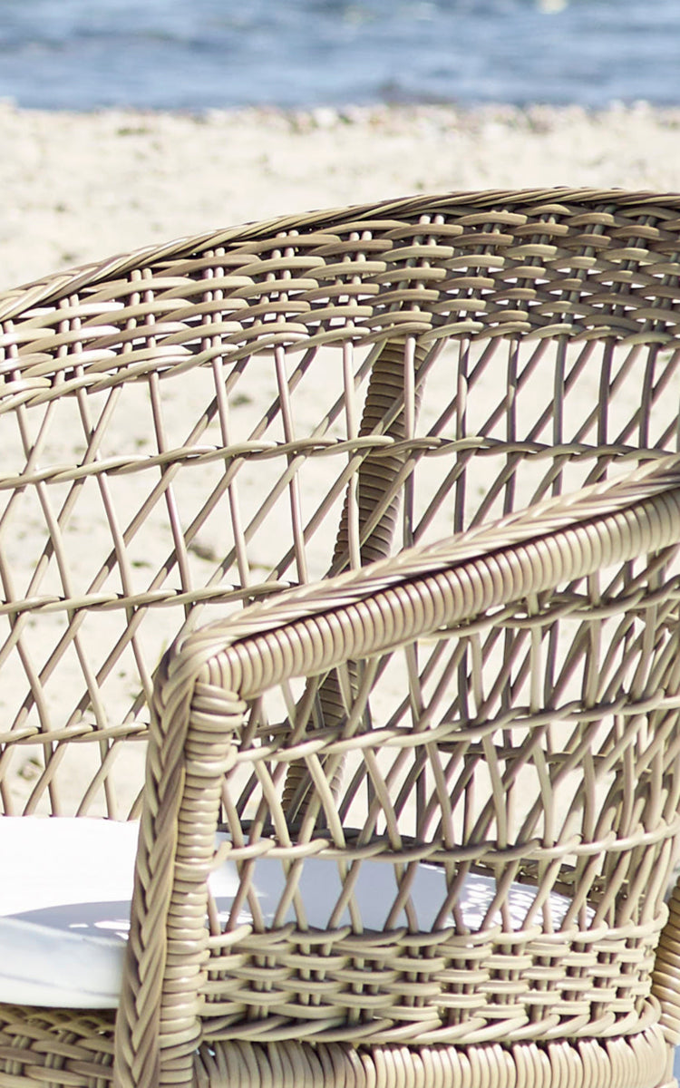 This is a close-up image of Exterior Dining Chair in antique Grey ArtFibre Aluminium.