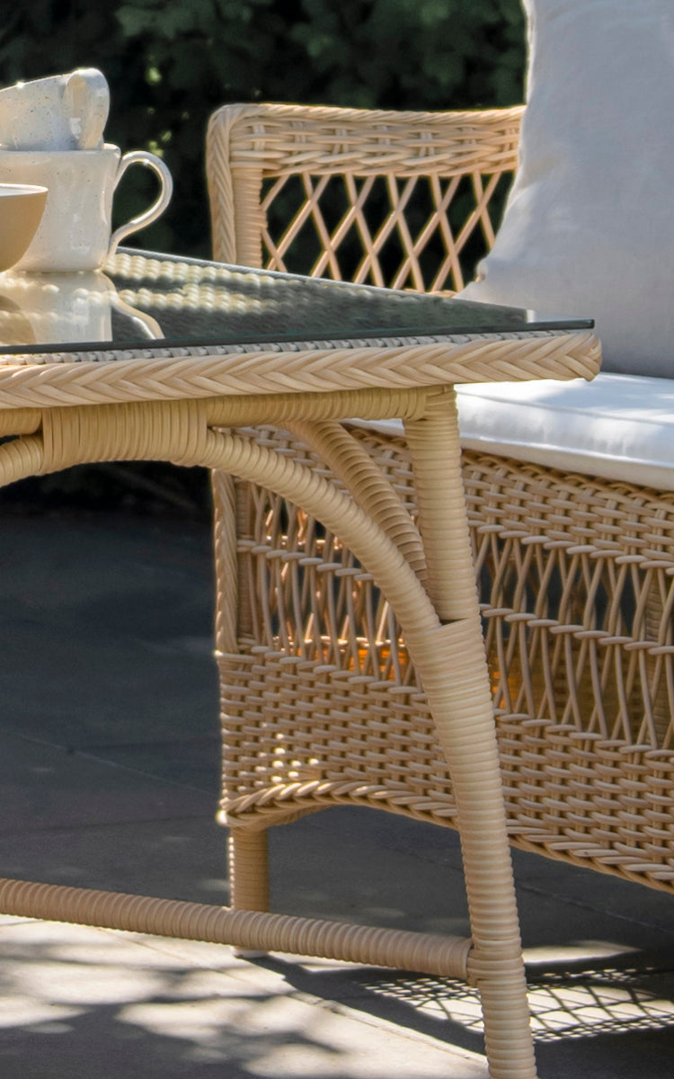 This is a close-up image of Victoria Exterior Coffee Table 100x60 cm in natural artfibre aluminium.