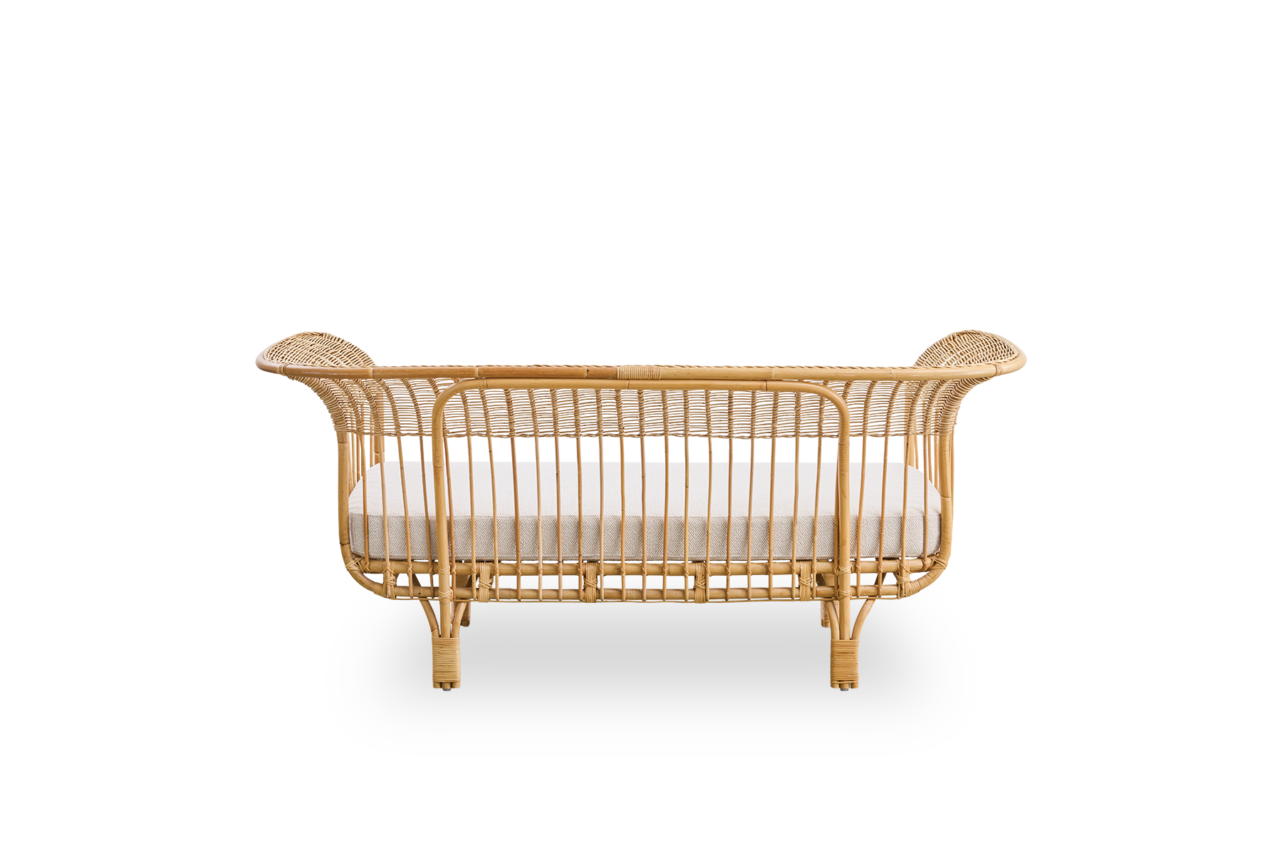 Plain back view of Belladonna sofa in natural rattan, designed by Franco Albini and Franca Helg. The sofa has an elegant expression with thin legs and a majestic seat with many detailed windings.
