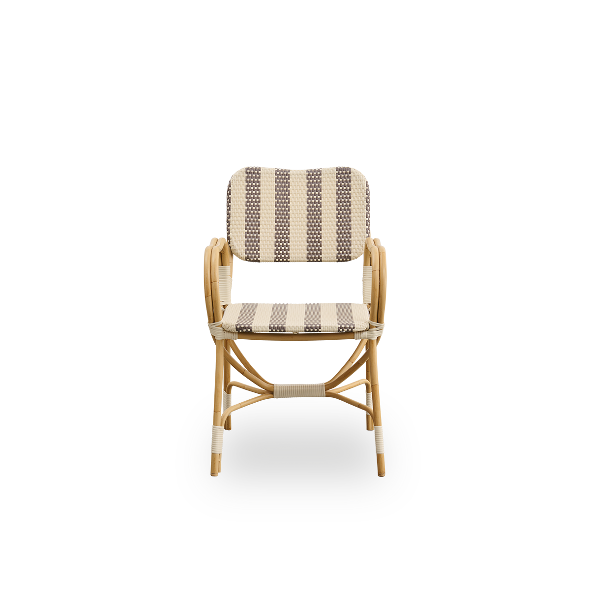 Front view of Bistro Exterior chair designed by Franco Albini and Franca Helg. Aluminium frame in rattan look with fully woven seat and backrest in a broad striped brown and ivory ArtFibre pattern.