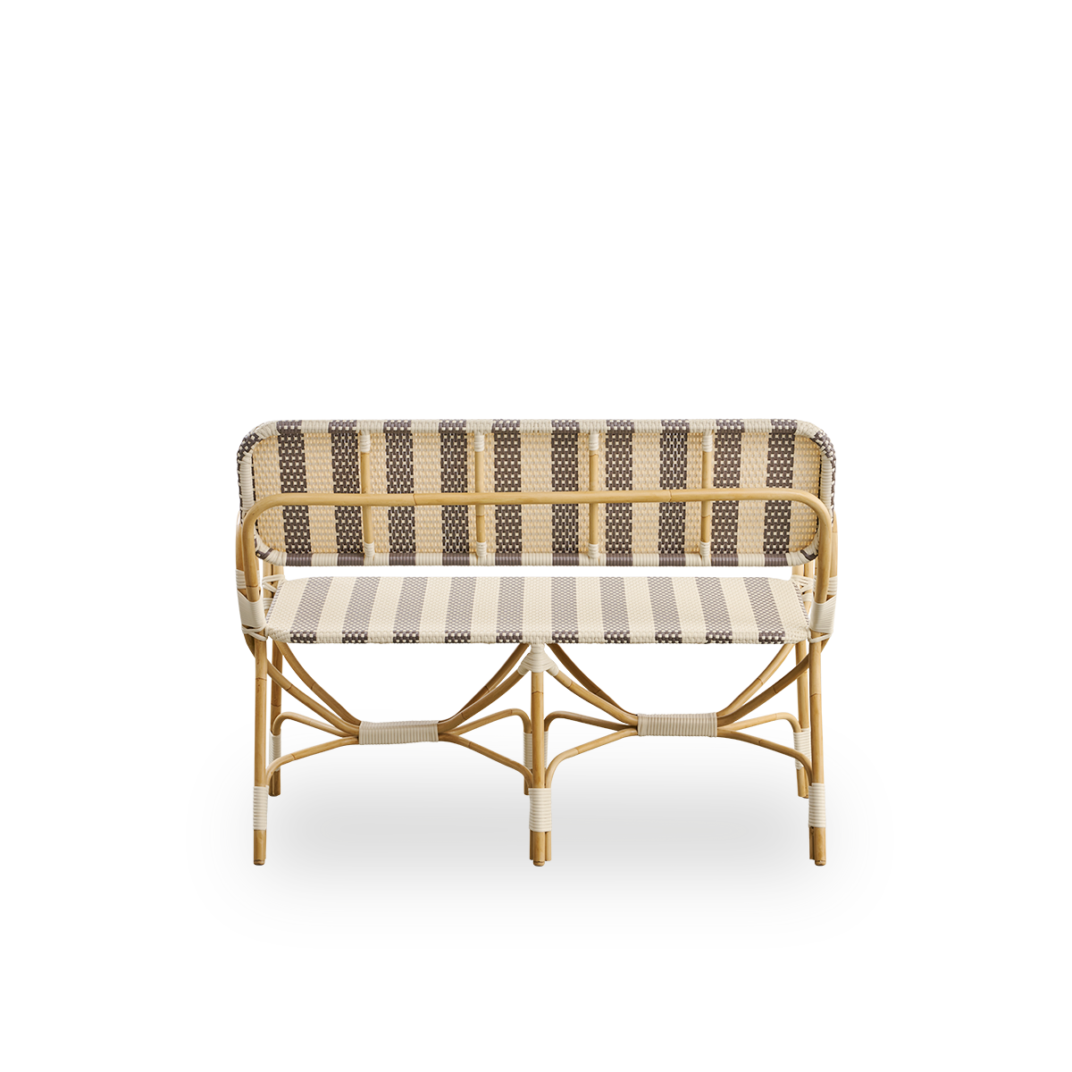 Plain back view of Bistro exterior bench designed by Franco Albini and Franca Helg. Aluminium frame in rattan look with fully woven seat and backrest in broad striped brown and ivory ArtFibre pattern.