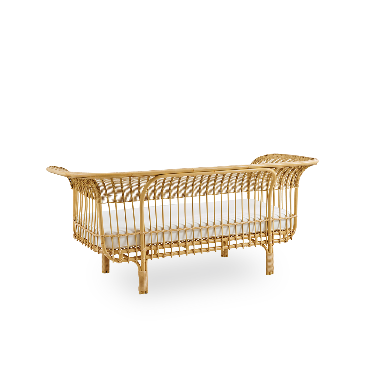 Plain back view of Belladonna outdoor sofa in rattan look, designed by Franco Albini and Franca Helg. The sofa has an elegant expression with thin legs and a majestic seat with many detailed ArtFibre windings on an aluminium frame.