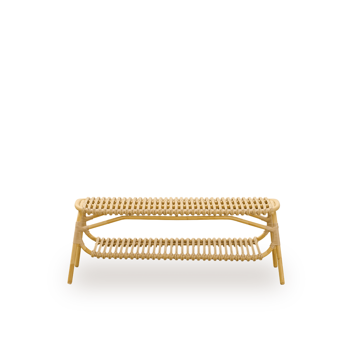 Front view of the Machiya outdoor bench designed by Jin Kuramoto.
Aluminium frame in hand-painted rattan look with ArtFibre windings. Length 120 cm.