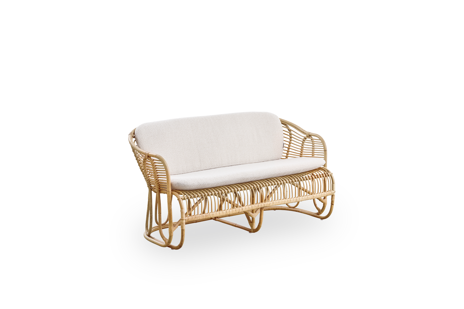 Side view of Swing 2-seater sofa designed by Tove Kindt-Larsen. Handcrafted from high-quality Indonesian rattan and fitted with seat and back cushion.