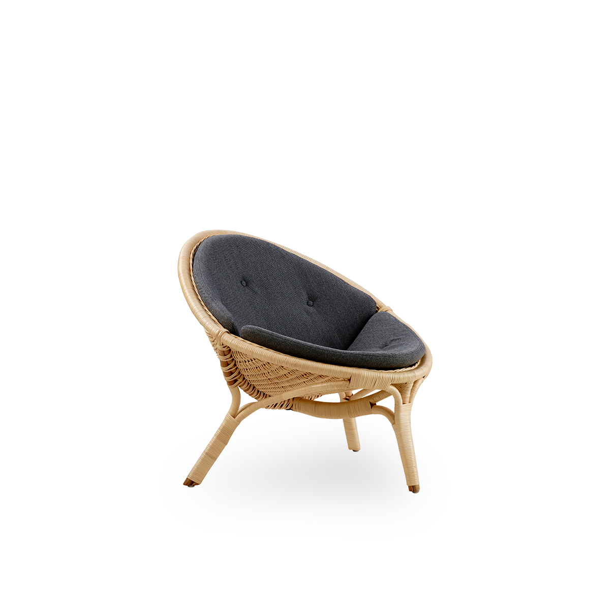 Side view of Rana lounge chair designed by Nanna Ditzel. Award-winning three-legged design, with fully woven seat, handcrafted from high-quality Indonesian rattan.