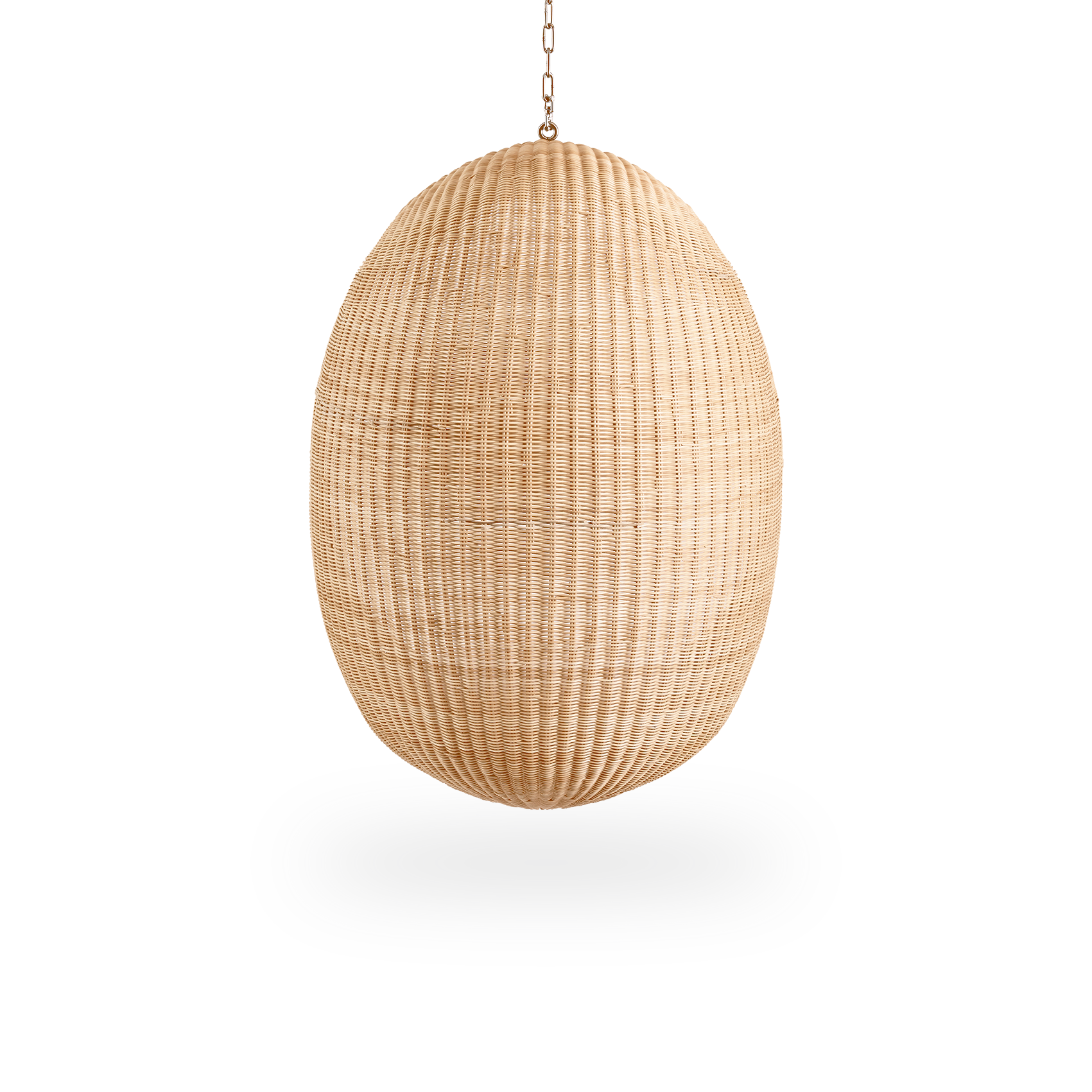 Plain back view of Hanging Egg, an iconic hammock chair designed by Nanna and Jørgen Ditzel. The round hanging chair is fully woven from high-quality Indonesian rattan and hangs in a metal chain.