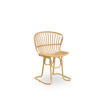 Side view of Rita Exterior dining chair designed by Nanna Ditzel. Sculptural legs allow stability on any outdoor surface. Frame made of aluminium in rattan look with ArtFibre bindings.