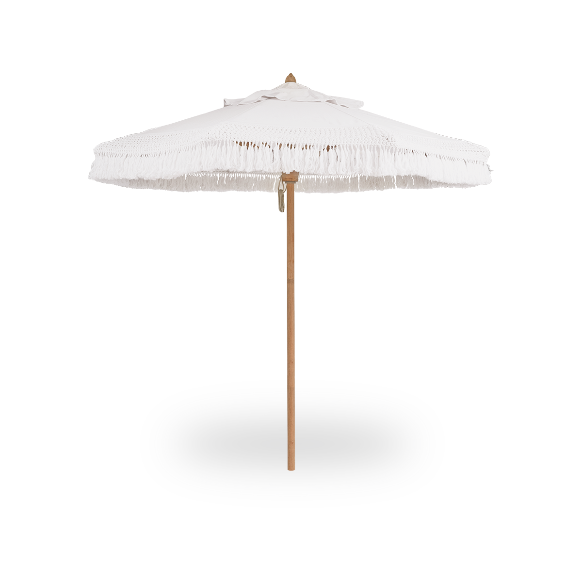 Open view of the Sienna exterior teak parasol, with white canopy. A round 250 cm teak parasol with an acrylic canopy finished with macramé edges and fringes.