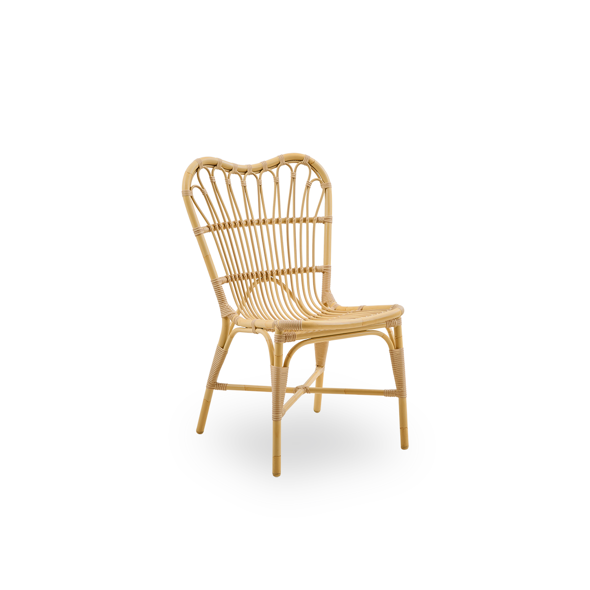 Side view of Margret outdoor dining chair with high wide backrest. Aluminium frame with ArtFibre windings in natural rattan look.