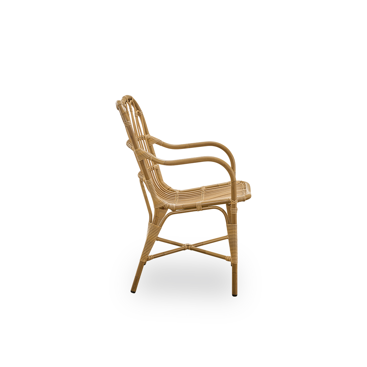 Plain side view of Margret outdoor dining chair with high wide backrest and curved armrests. Aluminium frame in Antique brown rattan look with ArtFibre windings.