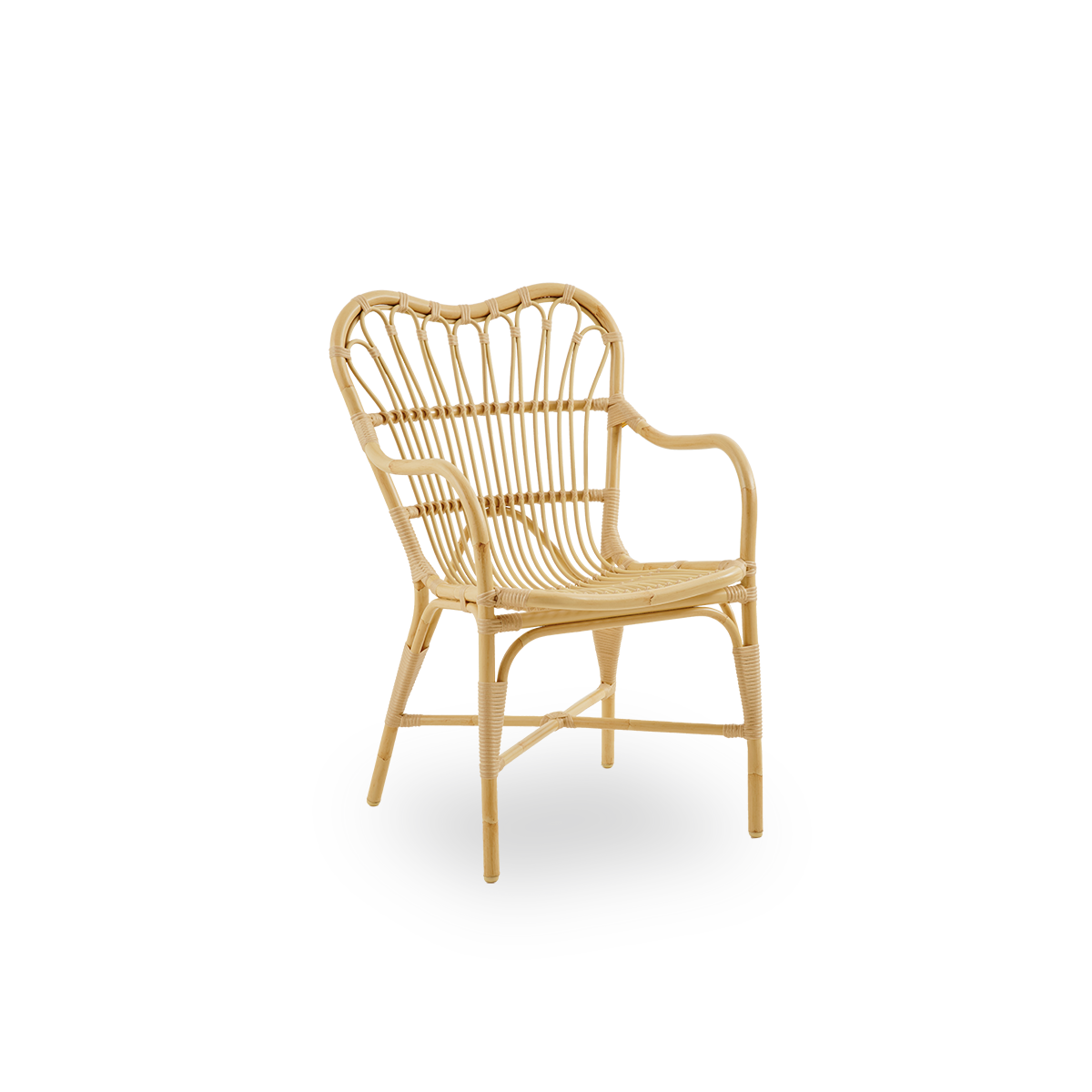 Side view of Margret outdoor dining chair with high wide backrest and curved armrests. Aluminium frame in natural rattan look with ArtFibre windings.