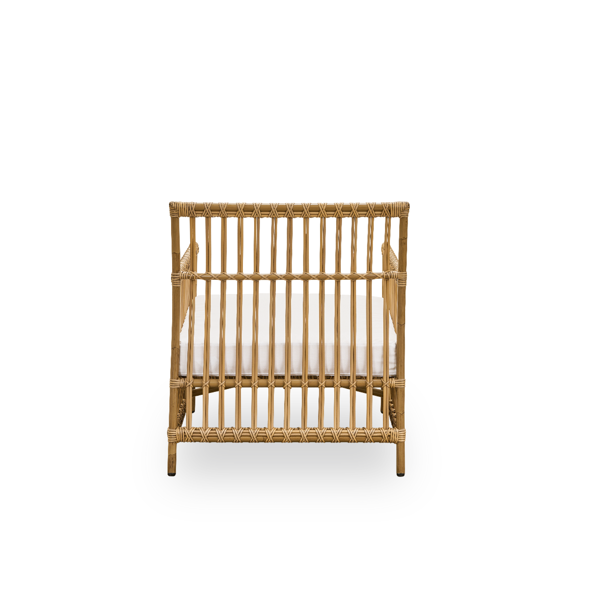 Plain back view of Caroline Exterior Lounge Chair in the color antique brown, simple and elegant Danish design. The frame of the chair is made from aluminum with elegant ArtFibre details. The design is minimalistic and elegant.