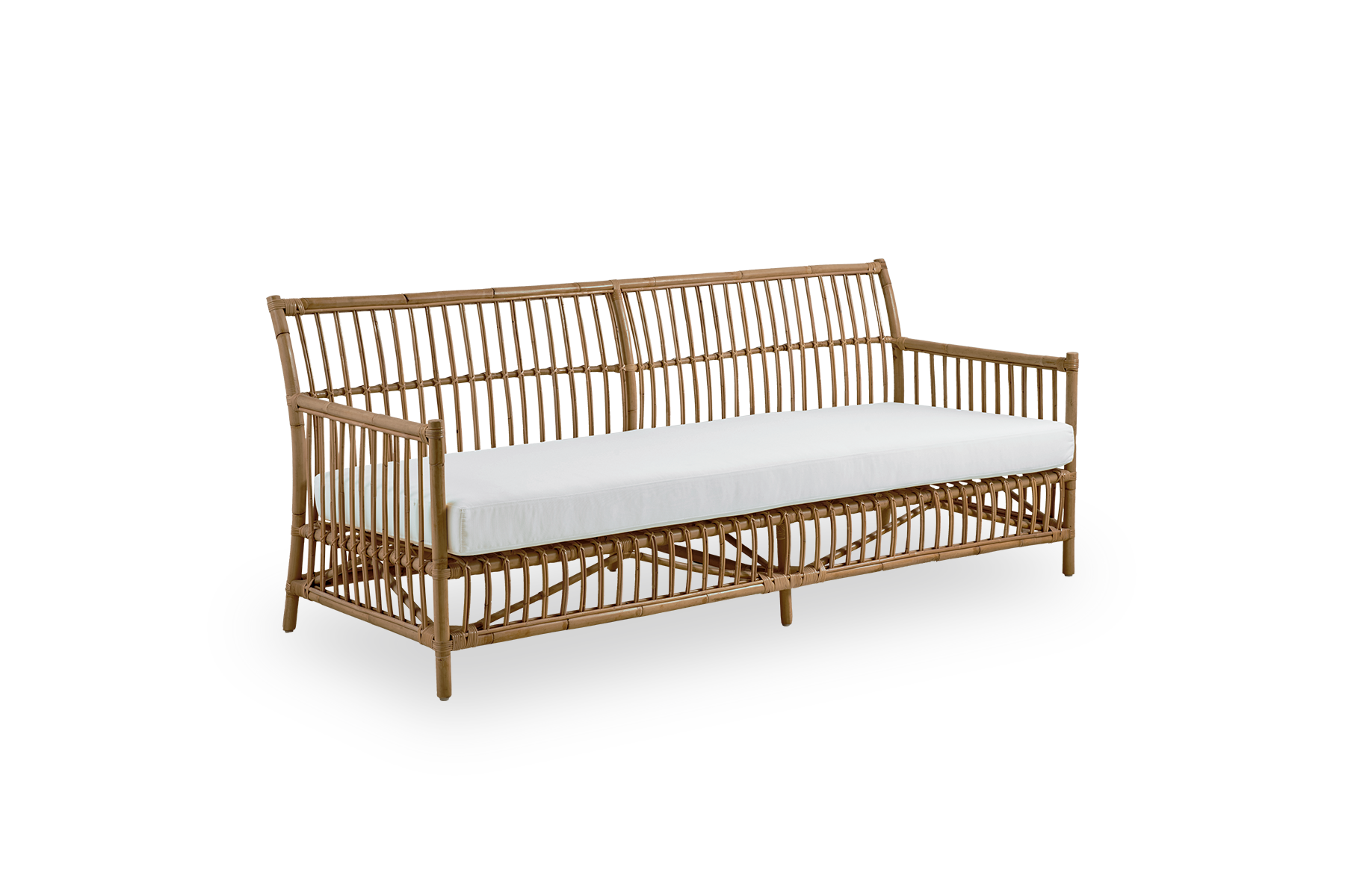 Side view of Caroline outdoor 3-seater sofa in Antique color, simple and elegant Danish design. Aluminium frame in rattan look with ArtFibre bindings.