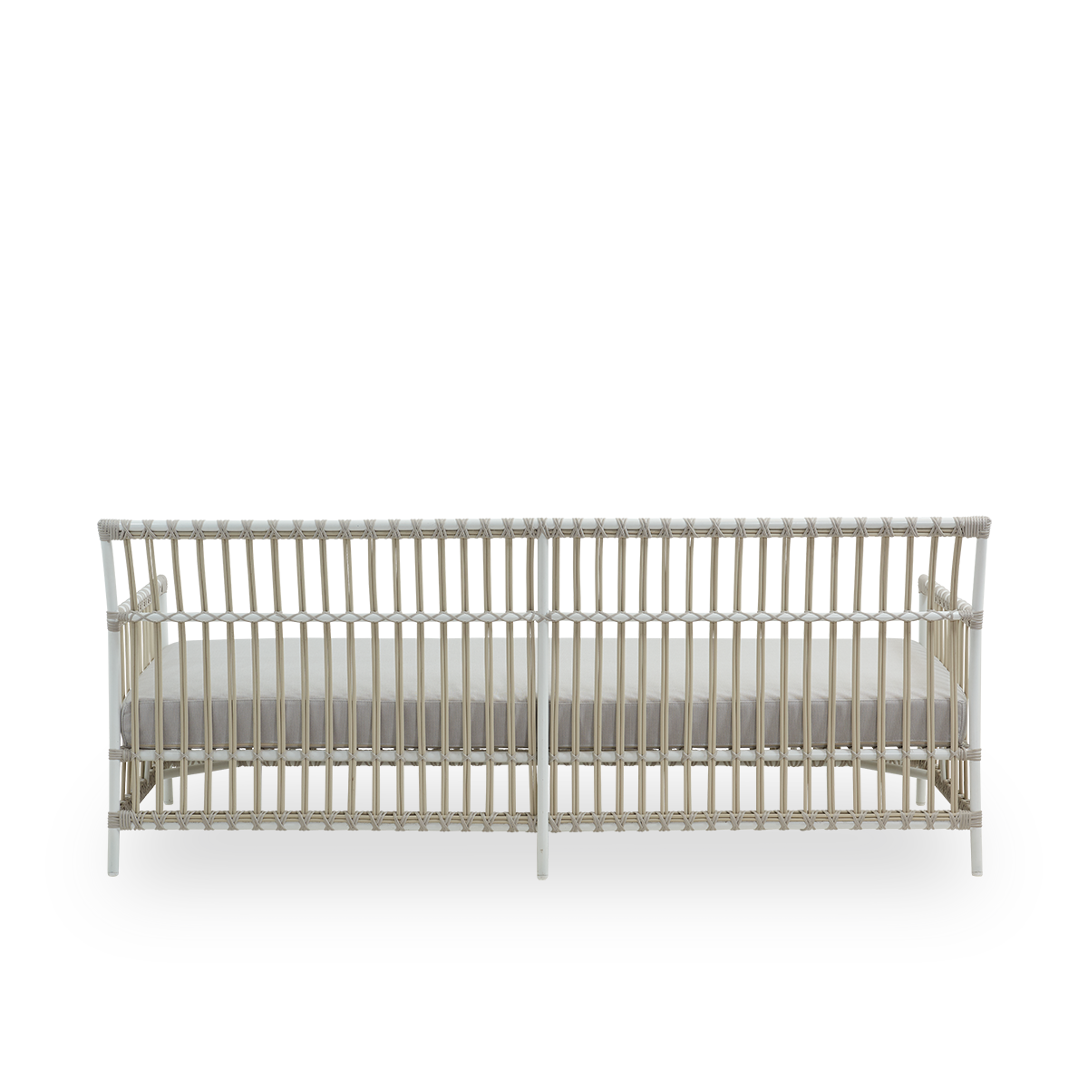 Plain back view of Caroline outdoor 3-seater sofa in dove white color, simple and elegant Danish design. Aluminium frame with ArtFibre bindings.