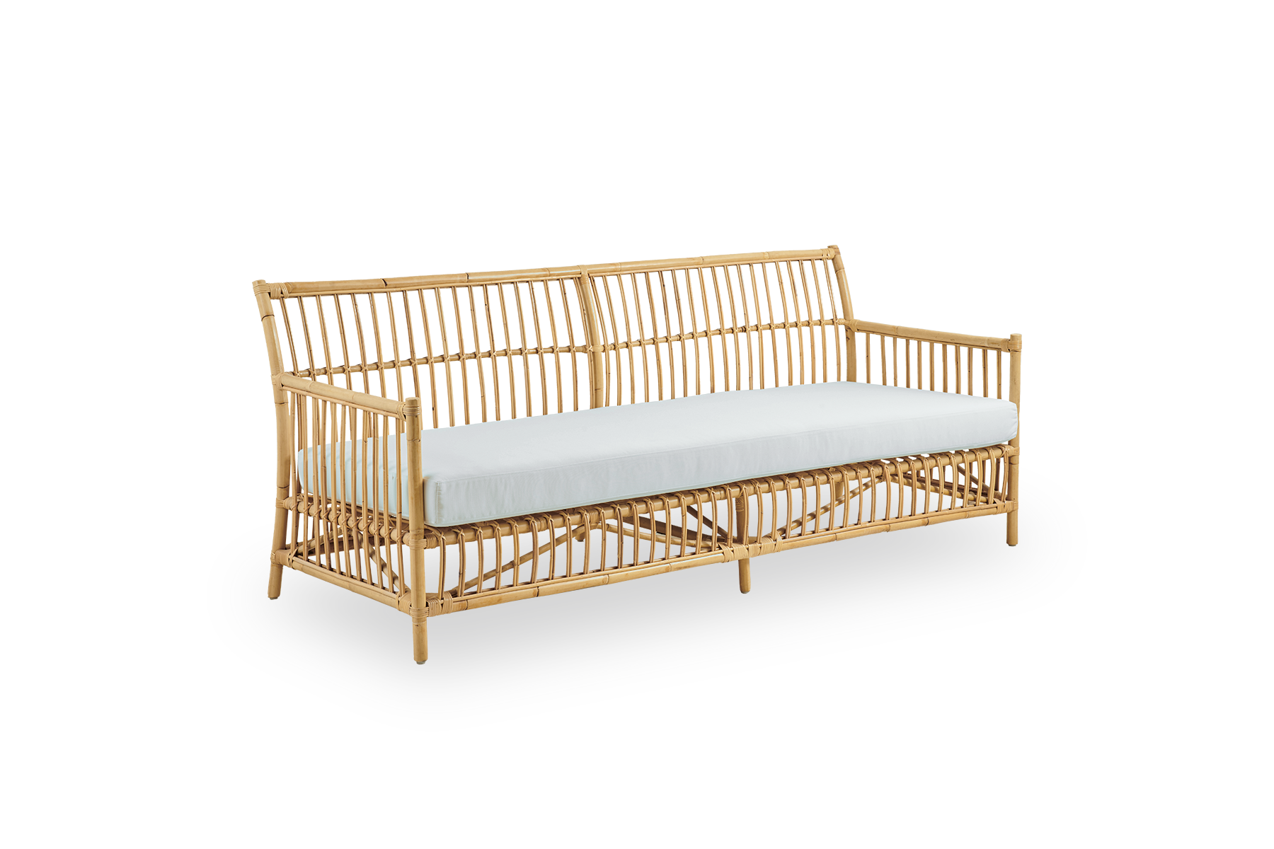 Side view of Caroline outdoor 3-seater sofa in Natural color, simple and elegant Danish design. Aluminium frame in rattan look with ArtFibre bindings.