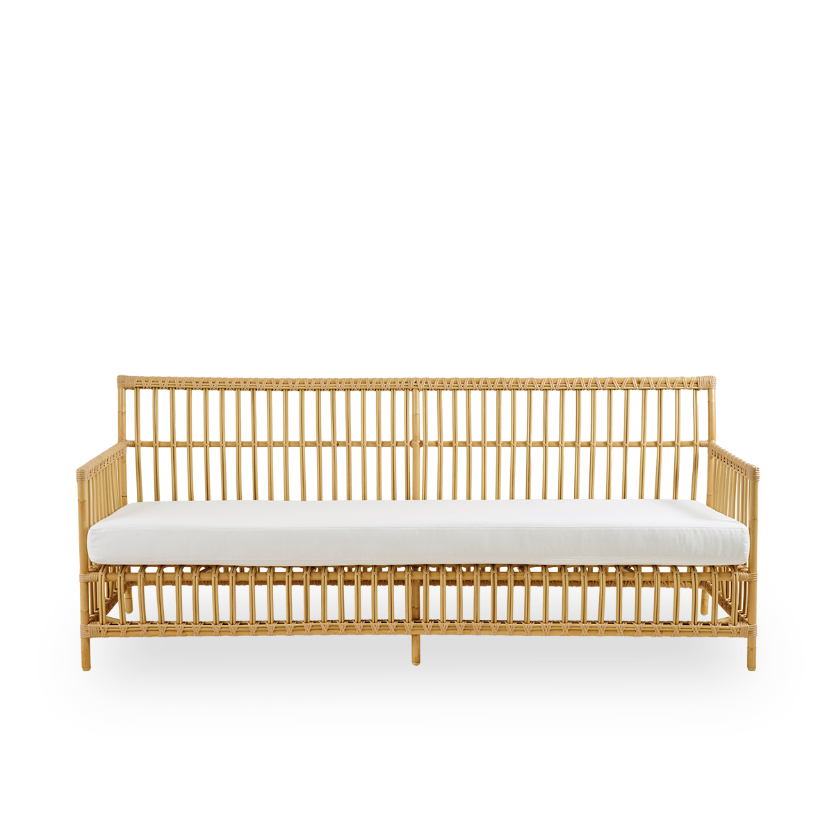 Front view of Caroline outdoor 3-seater sofa in Natural color, simple and elegant Danish design. Aluminium frame in rattan look with ArtFibre bindings.