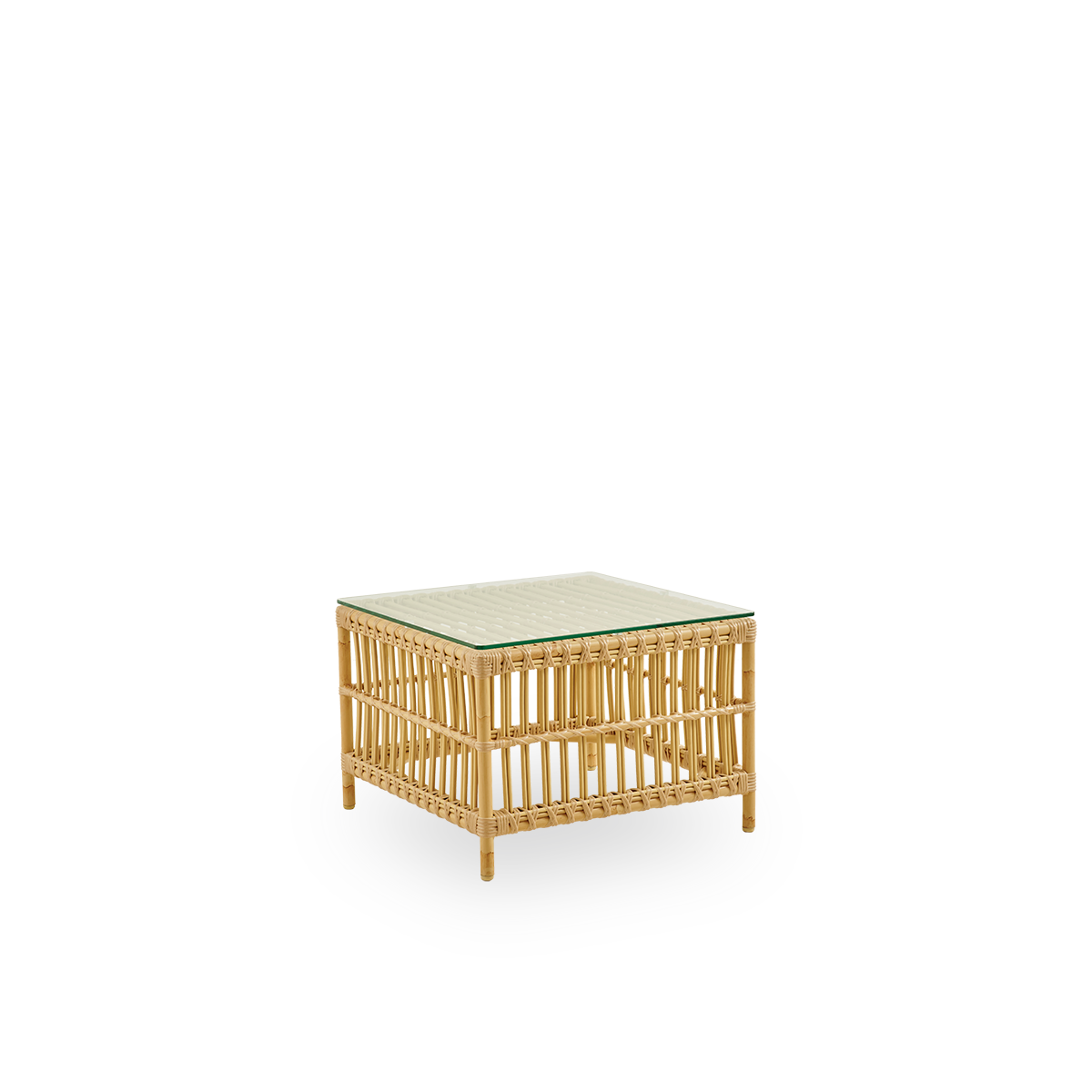Side view of The Caroline Exterior side table in the color Natural that looks like rattan. A small, elegant outdoor side table that offers unique strength and durability. The frame is made from aluminum with elegant ArtFibre details.