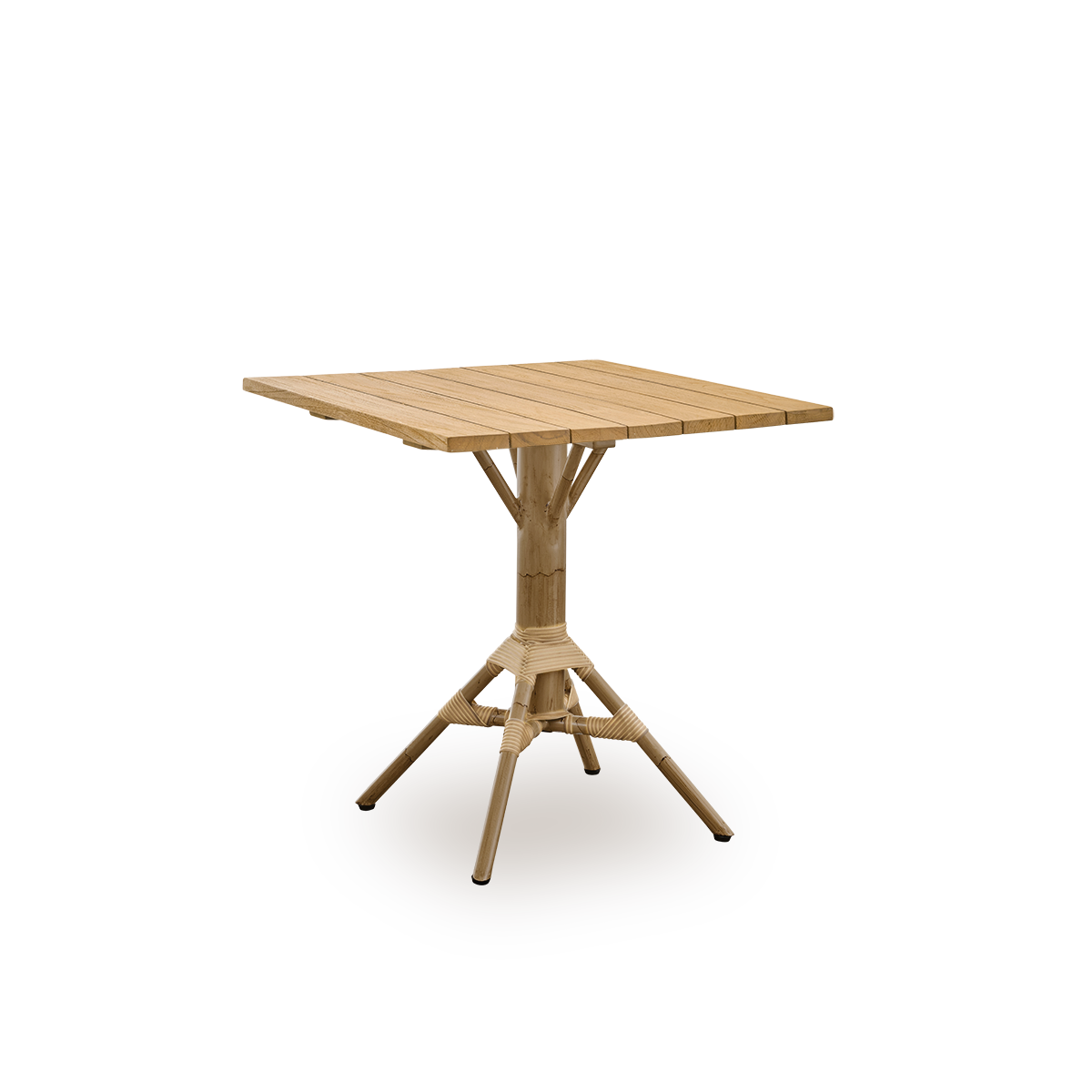 Side view of Nicole outdoor café table, inspired by French café style. Powder-coated aluminum base in Antique rattan look with ArtFibre windings, with round chestnut brown teak top Ø80 cm.