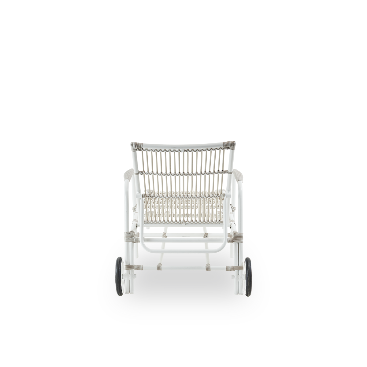 Plain back view of Josephine sunbed with adjustable backrest and wheels for easy mobility, aluminium frame in Dove White color with ArtFibre windings.
