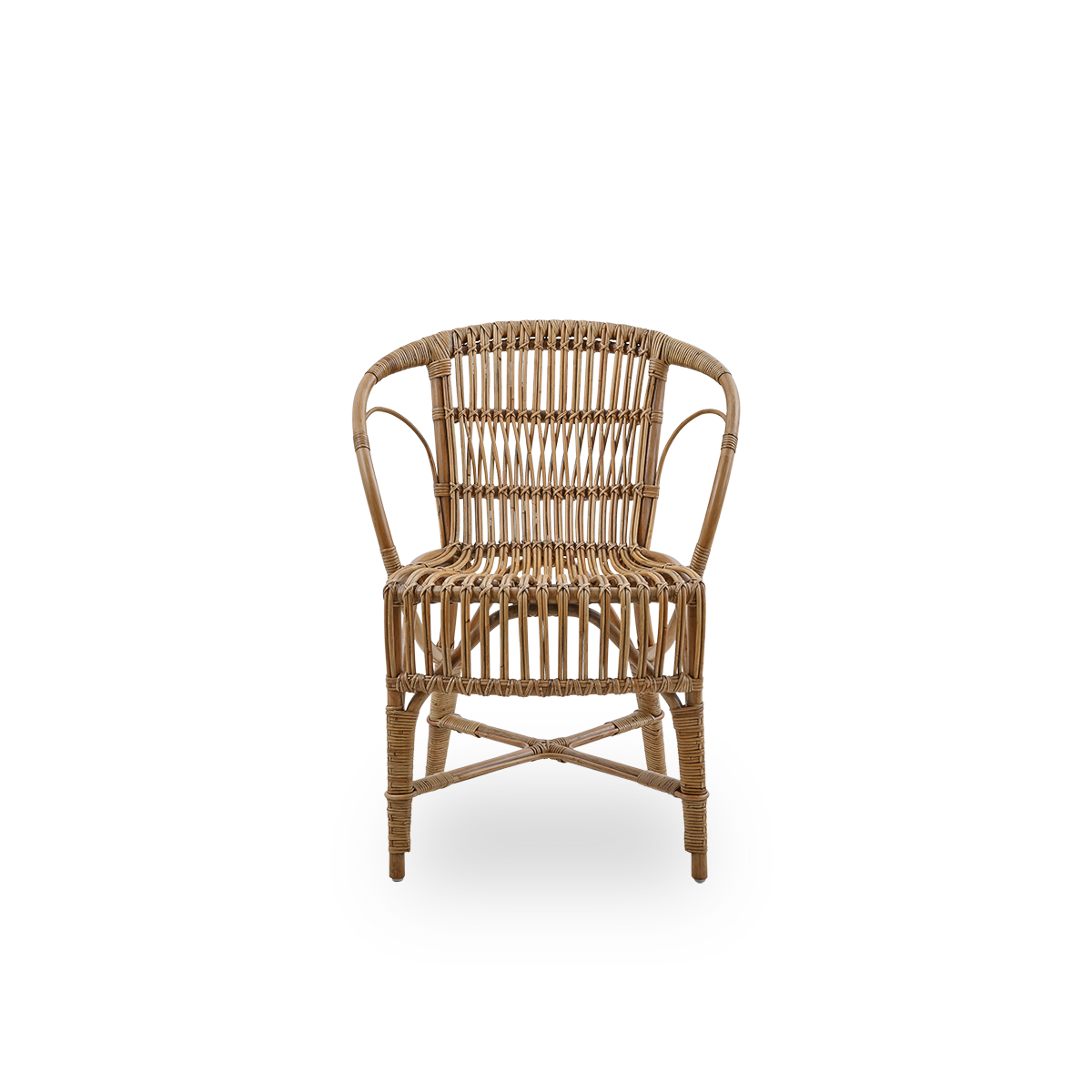Front view of the Robert dining chair in antique brown color designed by Robert W.
Elegant wicker chair handcrafted from high-quality Indonesian rattan.