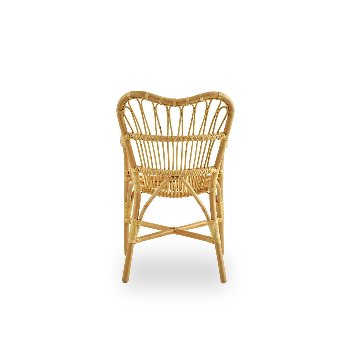 Plain back view of Margret dining chair with high wide backrest and curved armrests. Handcrafted from high-quality Indonesian rattan.